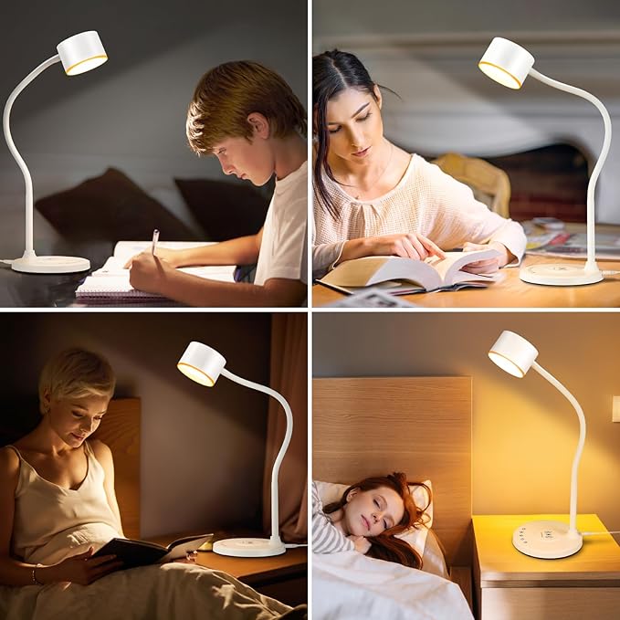 KAiSnova Desk Lamp for Office Home, Gooseneck Desk Lamp with Wireless Charger, Touch Table Lamp with USB C+A Charging Ports, 5 Colors Dimmable Bedside Reading Lamp for College Dorm Room White