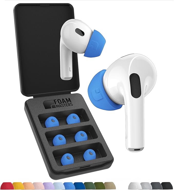 Foam Masters Ultra-Premium Memory Foam Ear Tips for AirPods Pro 1st & 2nd Gen | 3 Pairs | New Ver. | Secure Fit | Super Comfort | Better Noise Cancel | Replacement Buds (Assorted S/M/L, Supercar Blue)