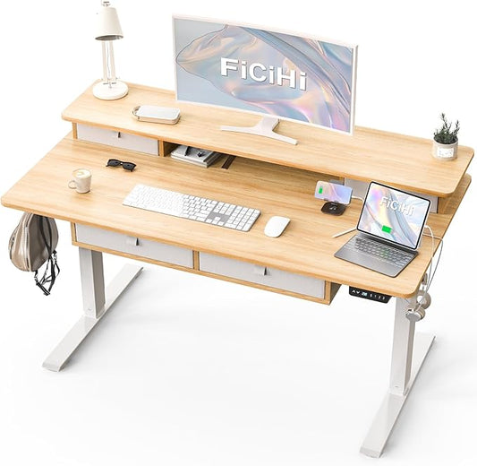 Adjustable Height Standing Desk with 4 Drawers,55 x 30 inches Electric Sit Stand Home Office Desk with Two Tiers, 3 Memory Presets, Monitor Stand Riser, USB A/C Charging Port