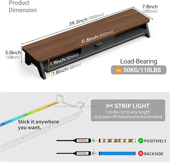 Dual Monitor Stand Riser,LED 2-Tier 39.3 Inch Computer Monitor Stand for 2 Monitors,Office Desktop Organizer with Storage Drawer and Phone Holder for Laptop,PC,Computer,Printer,Walnut