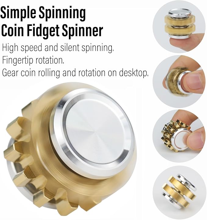FREELOVE Gear Metal Fidget Spinner Toys for Adults, Small Mini Tiny Pockget Figette, Bike Chain, Copper Brass Hands Gyro, Quiet Silent Cool Cube for Anxiety Men (2 Gears Stacked, Silver-Brass)