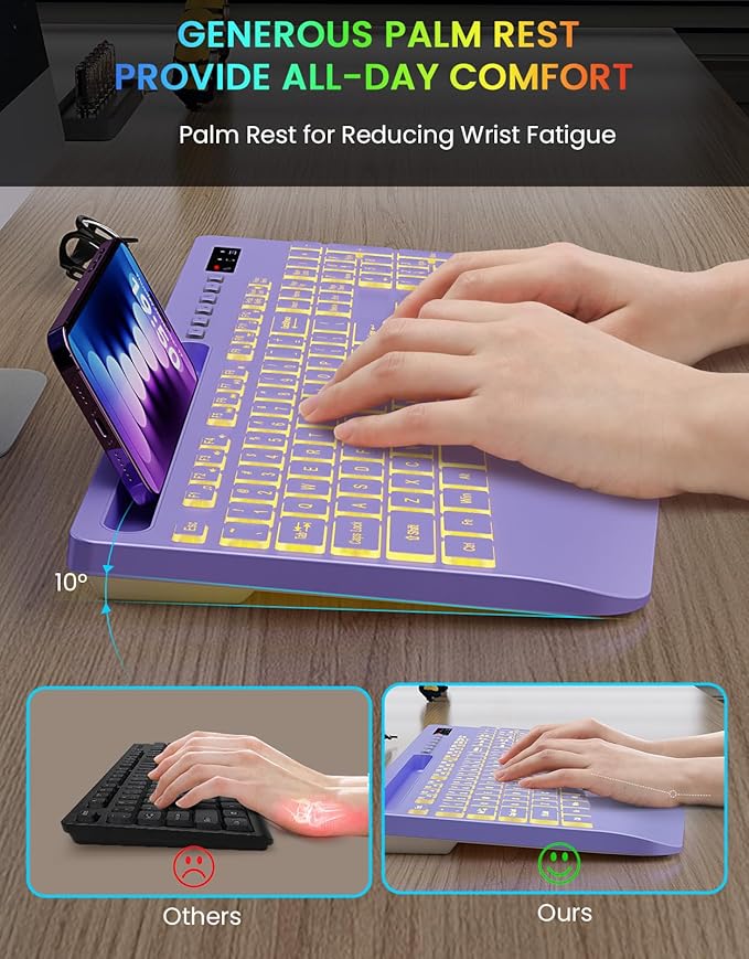 Wireless Keyboard with 7 Colored Backlits, Wrist Rest, Phone Holder, Rechargeable Ergonomic Computer Keyboard with Silent Keys, Full Size Lighted Keyboard for Windows, MacBook, PC, Laptop (Purple)