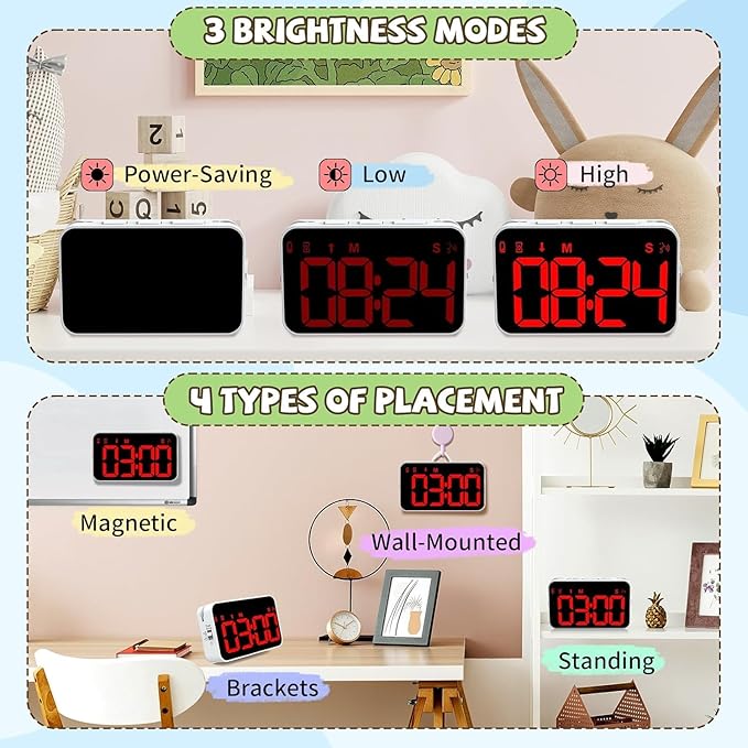 Digital Timer for Kids, 199min 59s Countdown/Up, Rechargeable, Magnetic, 3 Brightness Display, 3 Volume Levels and Vibration, with Sound Alert Function, for Kitchen, Classroom, Study, Fitness