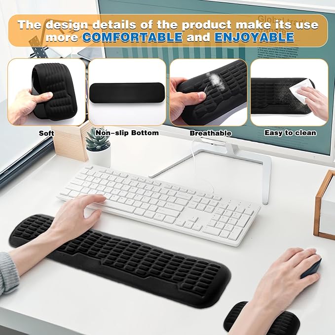 UnivoColors Full-Sized Keyboard & Mouse Wrist Rest Set-Ergonomic 3.0 Upgrade,Wave Curve Support,Comfortable Support & Fatigue Relief,Non-Slip Base,Perfect for Work & Gaming(Ivory)