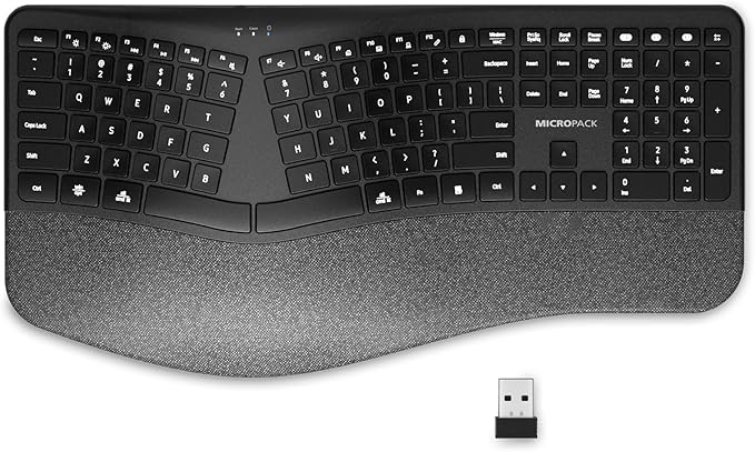 MicroPack Ergonomic Wireless Keyboard with Bluetooth, USB-C Rechargeable & Overload Protection, Wrist Rest, 3-Device Connectivity, Quiet Scissor Switch, Adjustable Tilt for Mac, Windows, PC, Office