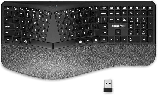 MicroPack Ergonomic Wireless Keyboard with Bluetooth, USB-C Rechargeable & Overload Protection, Wrist Rest, 3-Device Connectivity, Quiet Scissor Switch, Adjustable Tilt for Mac, Windows, PC, Office