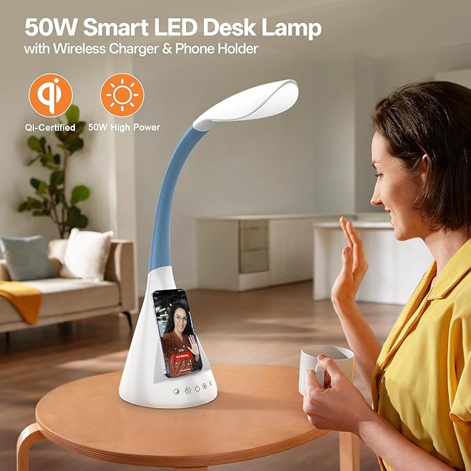 LED Touch Screen Control Desk Lamp, 50 Watt Smart Wireless Fast Charging, 360° Gooseneck Adjustment, 9Amplified Lighting Modes, 5 RGB Scents, Home Office, Reading, Architects Task Lamps