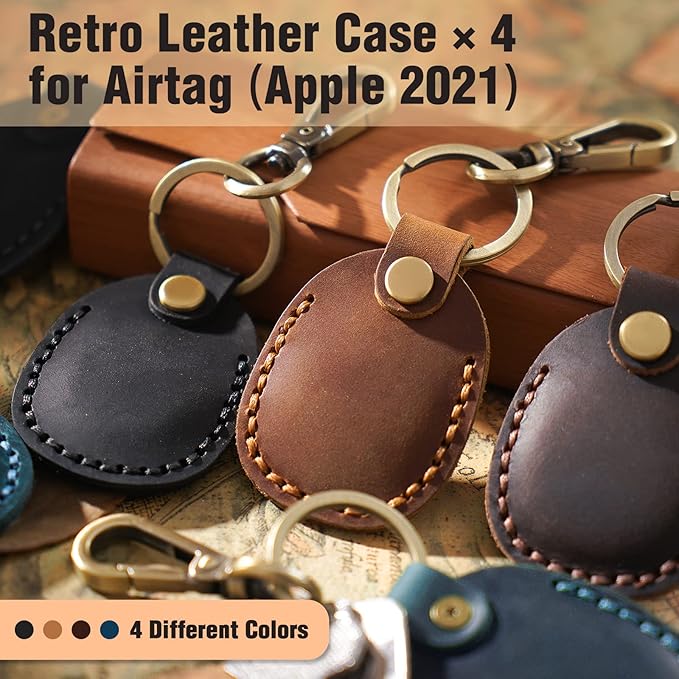 for Airtag Holder [4 Pack] Compact Handmade Genuine Leather Air Tag Holder Keychain with Keyring Full Coverage Case Cover Compatible for AirTag