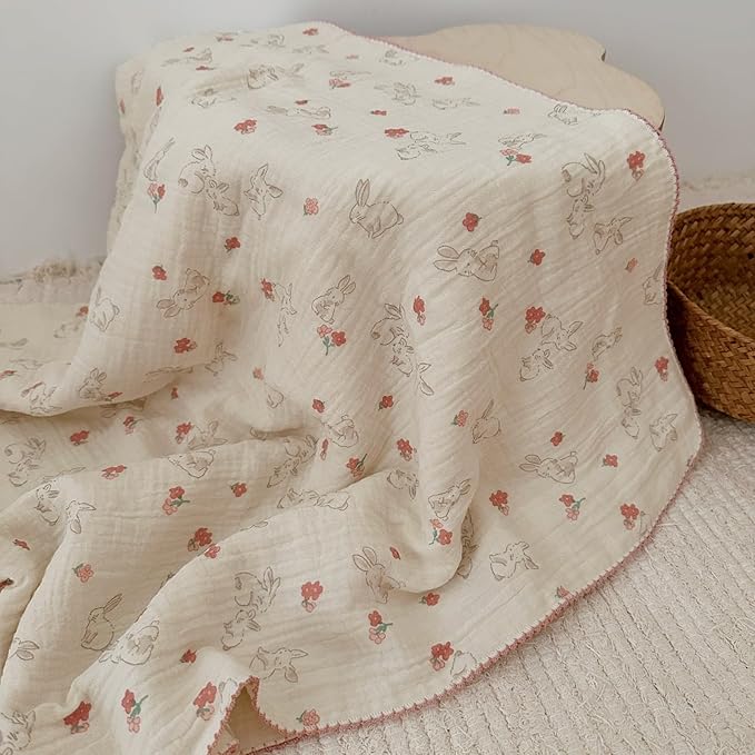 BuLuTu Baby Blankets for Girls Soft Lightweight Muslin Cotton Toddler Blanket Baby Quilts 2 Layer Gauze Cotton Nursery Blankets Crib Quilt,Bunny Pattern,47"x51"