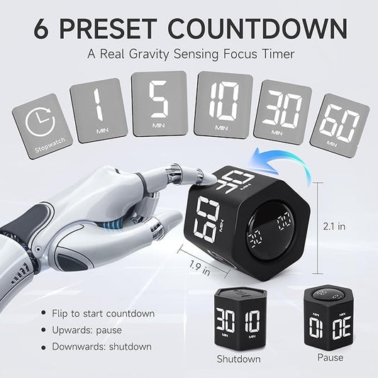 Productivity Timer 1, 5, 10, 30, 60 Minutes Preset, Desk Cube Timer with Gravity Sensor/Mute/Vibration for ADHD, Work, Study, Kitchen, Back to School (1, Black)