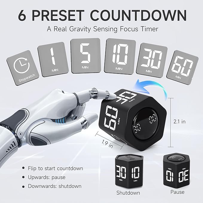 Productivity Timer 1, 5, 10, 30, 60 Minutes Preset, Desk Cube Timer with Gravity Sensor/Mute/Vibration for ADHD, Work, Study, Kitchen, Back to School (2, Black&White)