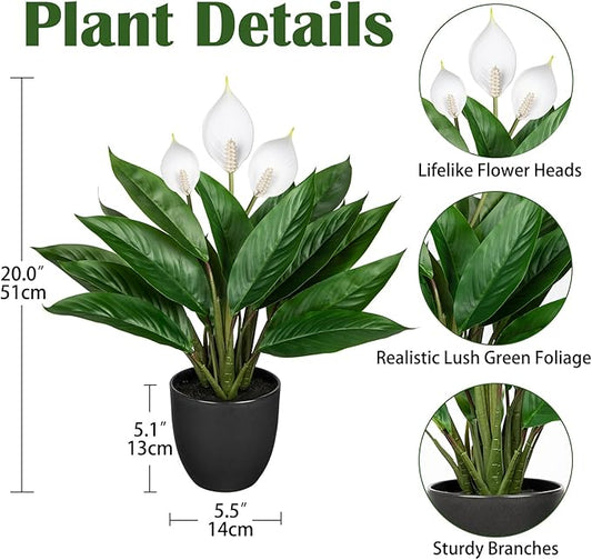 Fake Plants 20'' Faux Plants Artificial Potted Plants Indoor Realistic White Anthurium Artificial Flowers, Fake Potted Plants for Home Office Farmhouse Kitchen Bathroom Table Shelf Decor