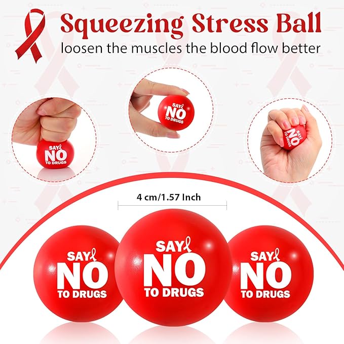 Poen 120 Pcs Red Ribbon Week Supplies Bulk Say No to Drugs Red Awareness Squeeze Balls Drug Free Awareness Anti Drug Events Gifts Motivational Relief Stress Balls for Charity Activity (Stylish Style)