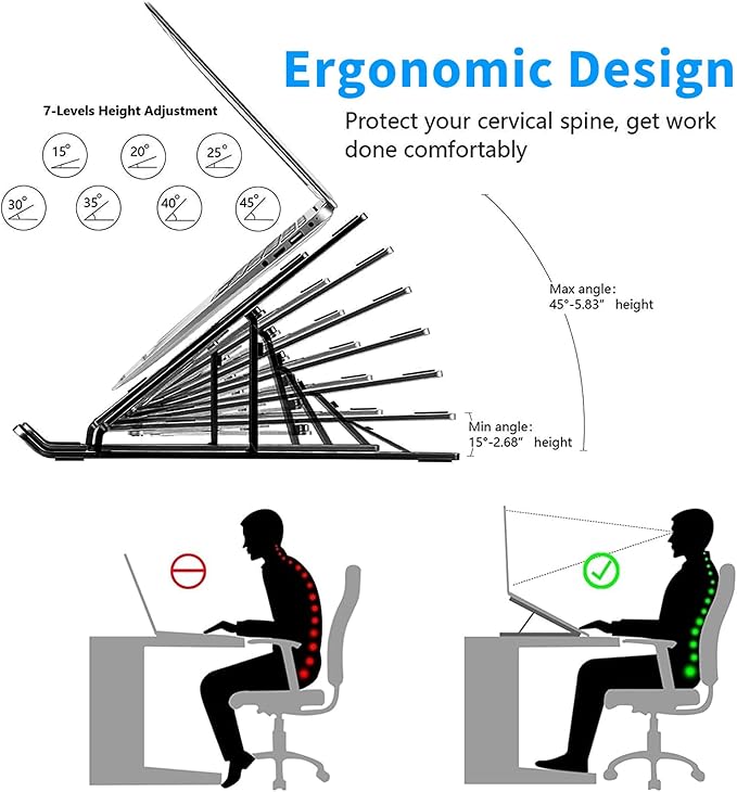 Laptop Stand for Desk, Ergonomic Design Adjustable Aluminum Foldable Portable Computer Stand, Compatible with MacBook Air Pro, HP, Lenovo, Dell, More 10-15.6”Inch and Tablets (Black)