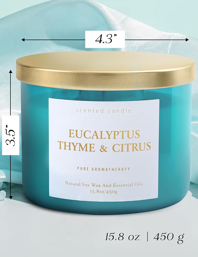 Eucalyptus Thyme Citrus Scented Candle - Large 3 Wick Soy Candle 15.8 oz - Aromatherapy Candle for Relaxation & Stress Relief - Calming Herbal Spa Scent - Long Lasting Candles for Women & Men