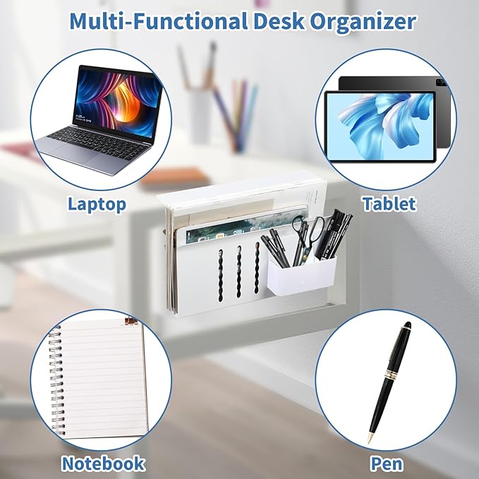 Desk Side Storage, Side Desk Laptop Holder with Anti-Scratch Pad & Magnetic Pen Holder, No Drill Under Table Laptop Mount Fits Flat Edge 0.3" to 2.3"
