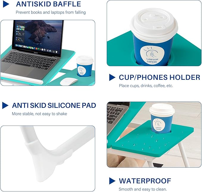 Laptop Desk for Bed Couch, Adjustable Foldable Bed Table with Cup Holder, Breakfast Serving Tray, Portable Laptop Lap Desk Stand for Working Reading Writing Eating Gaming (Blue)