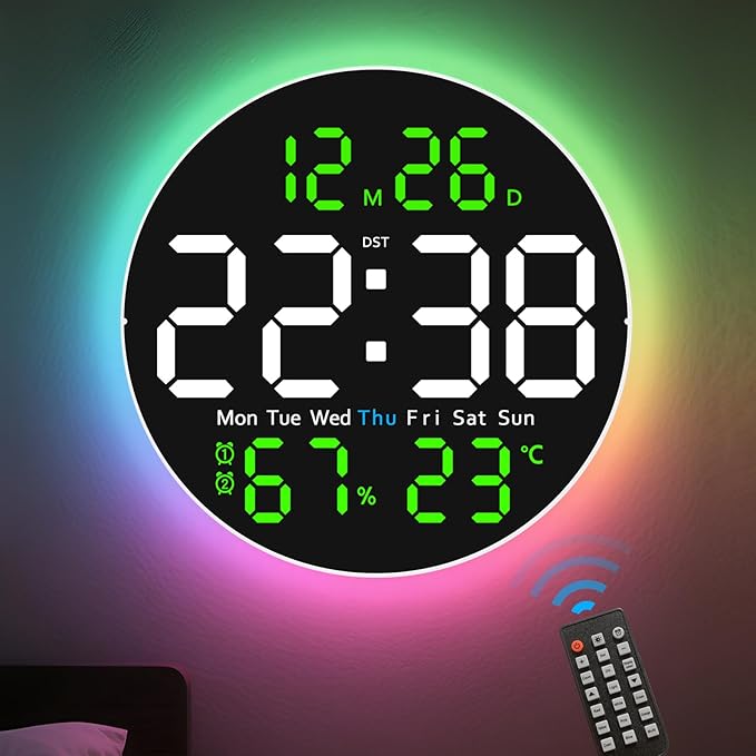 10 Inch Large Digital Wall Clock with 9 Color Changing Remote Control, Date Week Temperature, Auto Brightness Dimmer Big Clock with Night Lights,Green