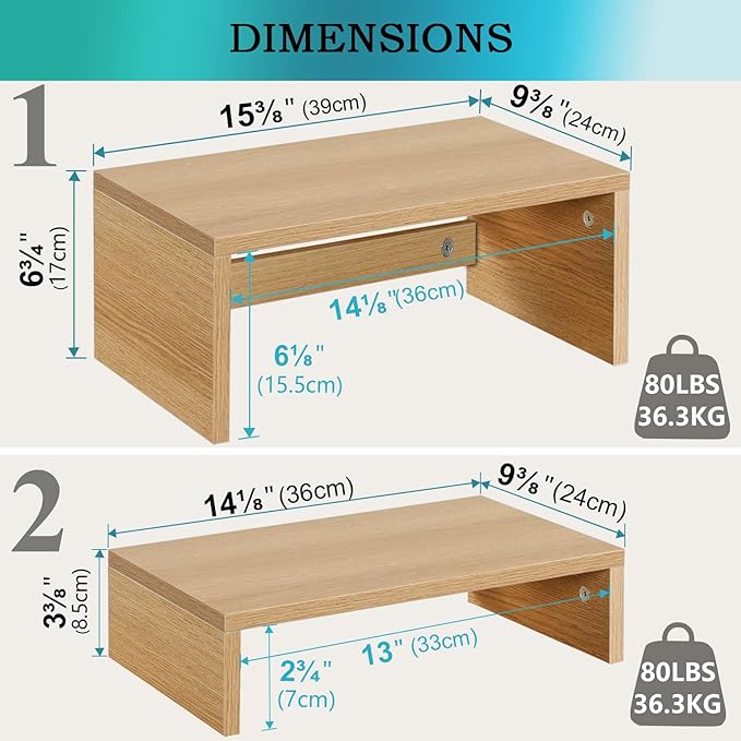 TEAMIX Pull Out Monitor Stand Riser-2 Pack,Wood 2 Tier Adjustable Monitor Stand Dual Monitor Riser for 2 Monitors/Laptop/PC Computer Stand Desktop Space Saver…