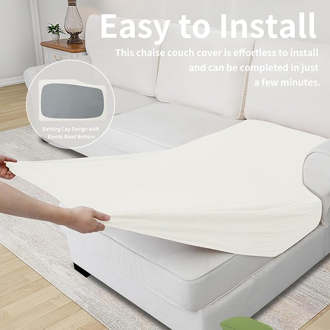 Easy-Going Stretch Sectional Couch Covers 1 Piece Chaise Lounge Slipcover L Shape Separate Cushion Couch Seat Chaise Cover for Both Left/Right Sectional Couch Cream
