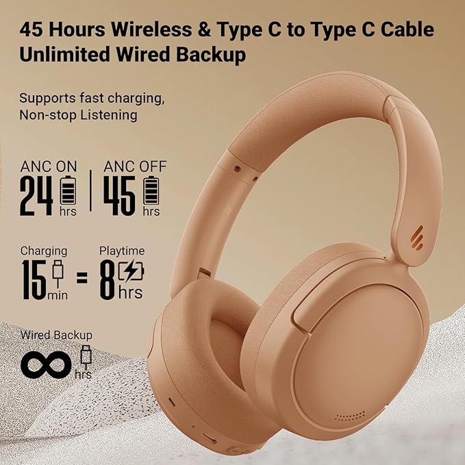Edifier V80 Hybrid Active Noise Cancelling Headphones, True Wireless Over Ear Bluetooth Headset with 45H Playtime Hi-Res Audio Fast Charging Multipoint Connection for Travel Home Office (Brown)
