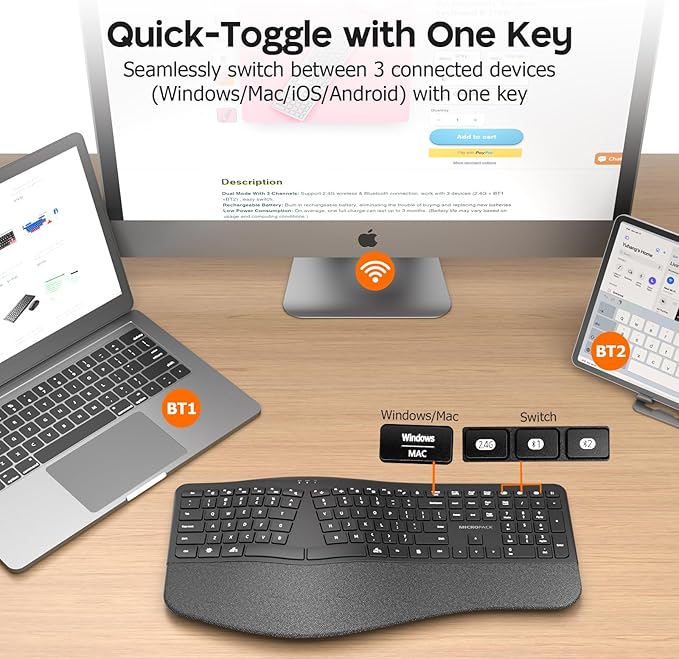 MicroPack Ergonomic Wireless Keyboard with Bluetooth, USB-C Rechargeable & Overload Protection, Wrist Rest, 3-Device Connectivity, Quiet Scissor Switch, Adjustable Tilt for Mac, Windows, PC, Office