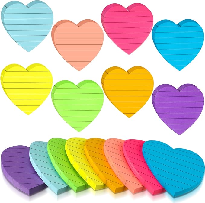 Teling 24 Pcs Heart Shape Lined Sticky Notes Cute Sticky Notes Bright Colorful Sticking Power Memo Pads Red Heart Self Notepads for Office School 3x3 Inch(Bright Colors)