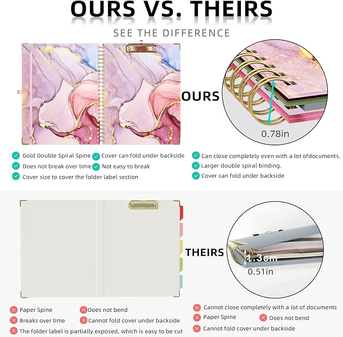 Ospelelf Clipboard with Storage 8.5 X 11，Padfolio Organizer, Spiral Portfolio Letter Size with Notepad, Pen Holder, 5 Extra Folder Divider Pages, Elastic Closure Nurse Office Essentials (Pink Marble)