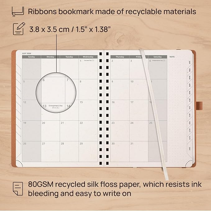 POPRUN 2026 Planner - 2026 Recycled Weekly Planner [Italian Regenrated Leather - Medium Size 6.5'' x 8.5''] - 2026 Weekly Planner with Hourly Schedule, Monthly Tabs,TJ-26-WERO7-BGY - Black Grey