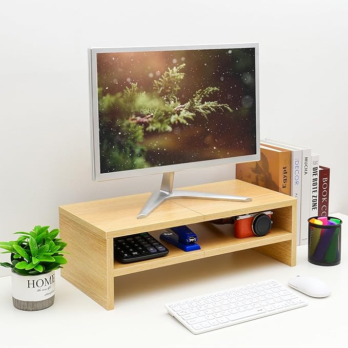 TEAMIX 2 Tiers Desktop Monitor Stand Riser 20 Inch Printer Stand with Storage Small TV Riser Laptop Wooden Desk Organizer Shelf Bookshelf Maple (Natural Maple, 2 tiers)
