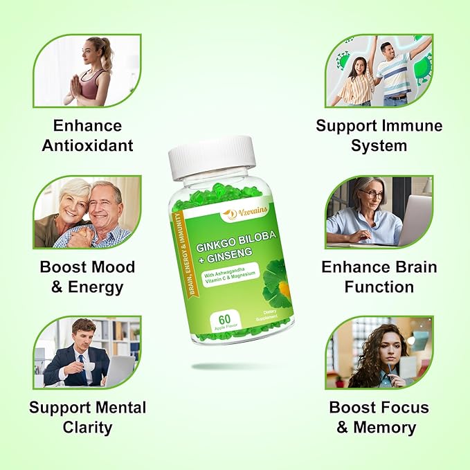 Ginkgo Biloba Gummies with Ginseng and Magnesium, Ginko Biloba Supplements Gummies for Brain Focus, Mood and Memory for Adults, 120 Cts