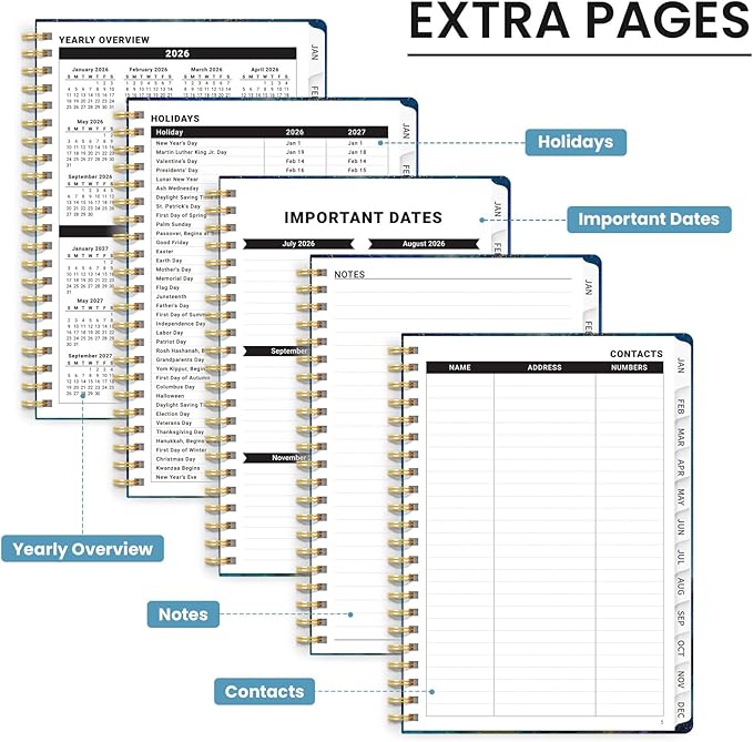 2026 Planner, Monthly and Weekly Calendar Planner for Women, January 2026 - December 2026, Hardcover Pretty 2026 Agenda Planner Book with Tabs, Spiral Bound, Perfect for School Office Home Supplies, 6.3" x 8.5" - Starlit Peaks
