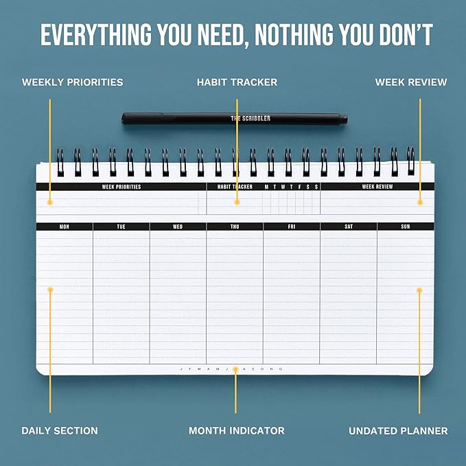 Undated Weekly Planner 2025 | Daily Agenda To Do List Notepad Day Planner Notebook | Monthly School Task, Work Schedule Planners | Yearly Horizontal Calendar Spiral Desk Organizer | Habit Tracker