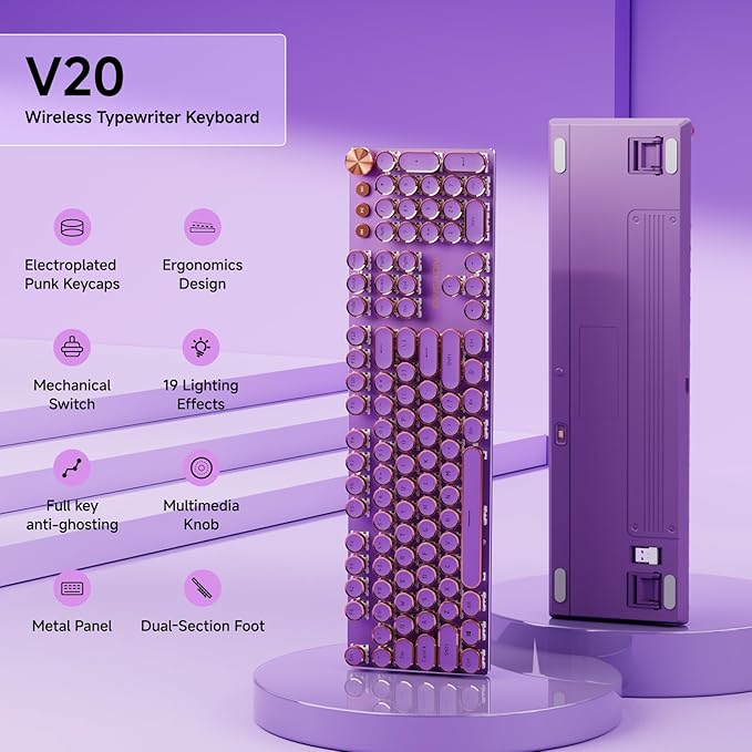 EWEADN V20 Typewriter Keyboard Wireless, 104 Keys Typewriter Style Mechanical with White Backlit, Media Knob, Pink Switch 2.4G/Bluetooth/USB-C Wired Retro Full Size Keyboard for Windows/Mac/PC-Purple