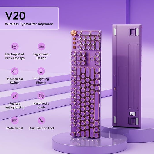 EWEADN V20 Typewriter Keyboard Wireless, 104 Keys Typewriter Style Mechanical with White Backlit, Media Knob, Pink Switch 2.4G/Bluetooth/USB-C Wired Retro Full Size Keyboard for Windows/Mac/PC-Purple