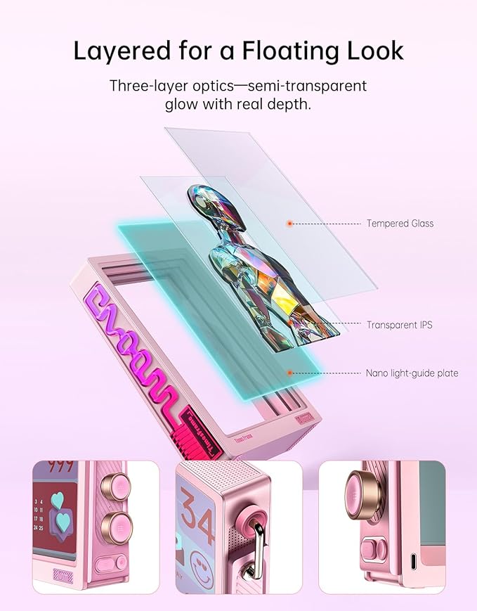 Divoom Times Frame-10.1" Digital Picture Frame Transparent IPS with RGBLED Rotary Knob WiFi 64GB 400+Clock Faces Widget 50+API Feeds Gift Mode Pixel Art Community Personalized Display (Pink)