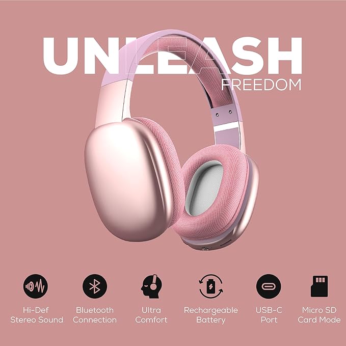 Gabba Goods Wireless Over Ear Bluetooth Headphones with Microphone - Wireless Headset -Noise Reduction - Bluetooth, Wired,Built in Micro SD for Travel, Home, Work TV,PC,Gaming,Cellphone (Pink)