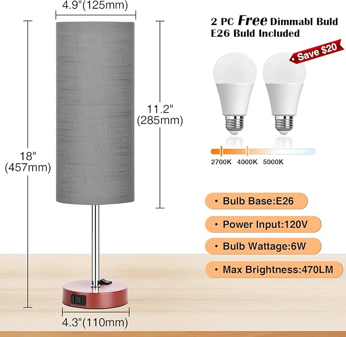 ZJOJO Table Lamp for Bedroom 2 Pack,18in Bedside Lamps with 3 Way Dimmable Rocker Switch & AC Outlet,Nightstand Desk Lamp with Gray Fabric Shade Brown Base for Living Room Home Decor Lights