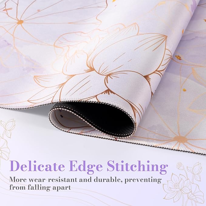 iCasso Desk Cover Mat, Extra Large Lotus Mouse Pad, Desk Pad Mat,Office Matt for Desktop Protector, Anti-Slip XXL Big Mousepad with Stitched Edges for Laptop Computer Keyboard(Purple Lotus Leaf)