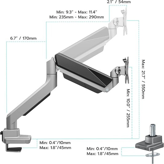 ARES WING Ultrawide Monitor Arm, Heavy Duty Single Monitor Mount for 13"-49" Curved Screens, Adjustable Stand for Desk with C-clamp & Grommet Base up to 40 LBS, Gray