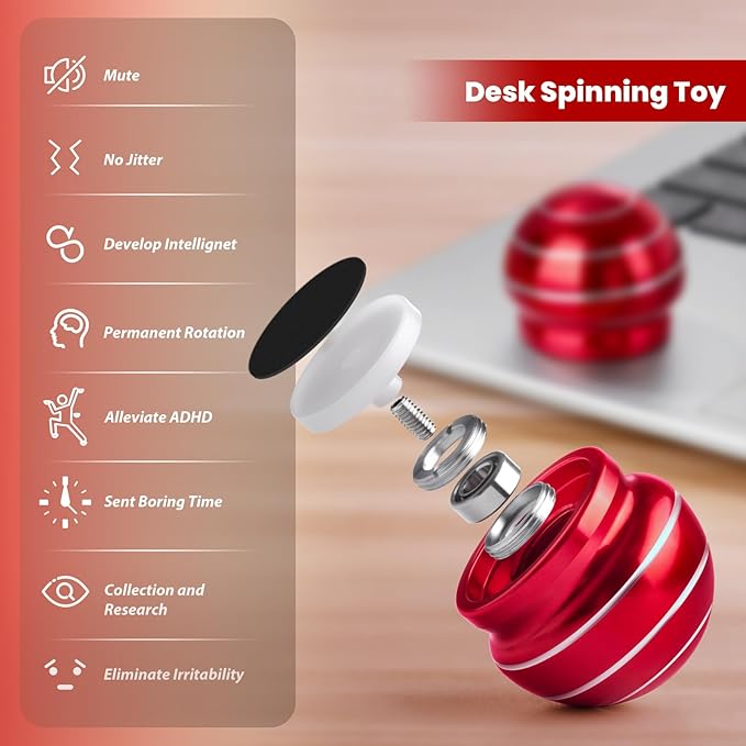 Fidget Spinner Desktop Toys - Kinetic Spinning Ball for Anxiety & ADHD Relief, Optical Illusion Fidget Toys for Adults, Kids, Parents & Friends, Metal Fidgets for Office & Home (1.54in Mushroom Red )