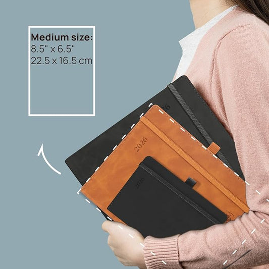 POPRUN Weekly Planner 2026 (Medium 6.5" x 8.5") Calendar 12 Months Notebook with Horizontal Layout, Leather Soft Cover, Monthly Tabs, Inner Pocket, 100GSM Thick Paper, Pen Holder - Black