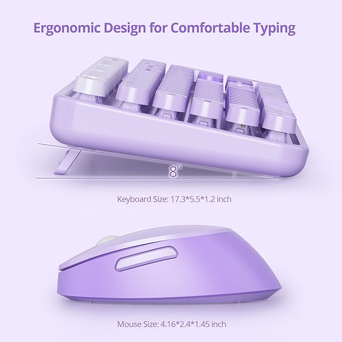 GTSP Colorful Purple Wireless Keyboard and Mouse Combo, Retro Typewriter Wireless Full-Size Cute Office Keyboard 2.4GHz with Round Keycaps for Desktop Laptop and PC (Cute Purple)