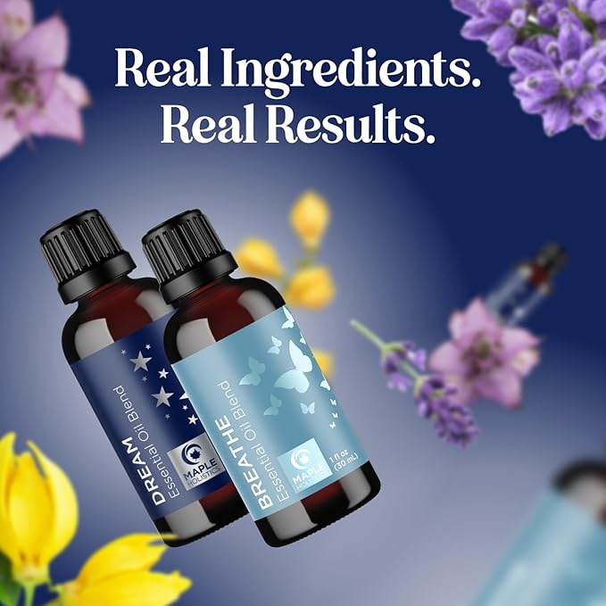 Aromatherapy Essential Oil Blends for Diffusers - Diffuser Essential Oil Set with Dream Essential Oil Blend and Breathe Essential Oil Blend - 100% Pure Must Have Aromatherapy Oils - 1 Fl Oz Each