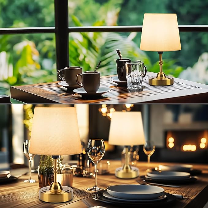 Small Cordless Table Lamp for Bedroom, Rechargeable Battery Operated Bedside Lamps, Wireless Touch 3-Level Dimmable Nightstand Lamp, Portable Desk Brass Lamp for Home Decor, Patio, Restaurant, Dinning