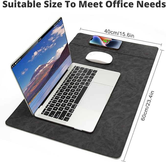 Magnetic Wireless Charging Desk Mat, 23.4"x15.6" Large Office Mouse Pad, Microfiber Leather Mouse Mat with Ultra-Smooth Surface, Waterproof Computer Keyboard Desk Mat for Office & Home, Laptop, Grey