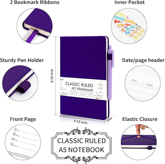 feela 24 Pack Journal Notebook Bulk for Work, Business Notebook Hardcover Lined Writing Journal with Pen Holder for Men Women Note Taking, with 24 Black Pens, 120 GSM, 5.1”x8.3”, A5, Purple