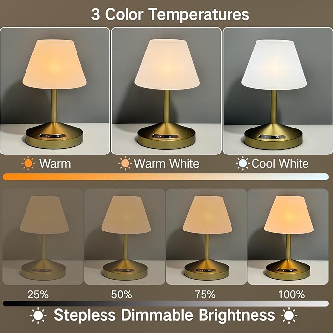 OUTON Rechargeable Cordless Waterproof Shower & Table Lamp with USB Output, Touch Dimming, 3 Colors, Power Indicator & Memory Function, LED Desk Lamp, Battery Operated Light for Indoor & Outdoor, Gold