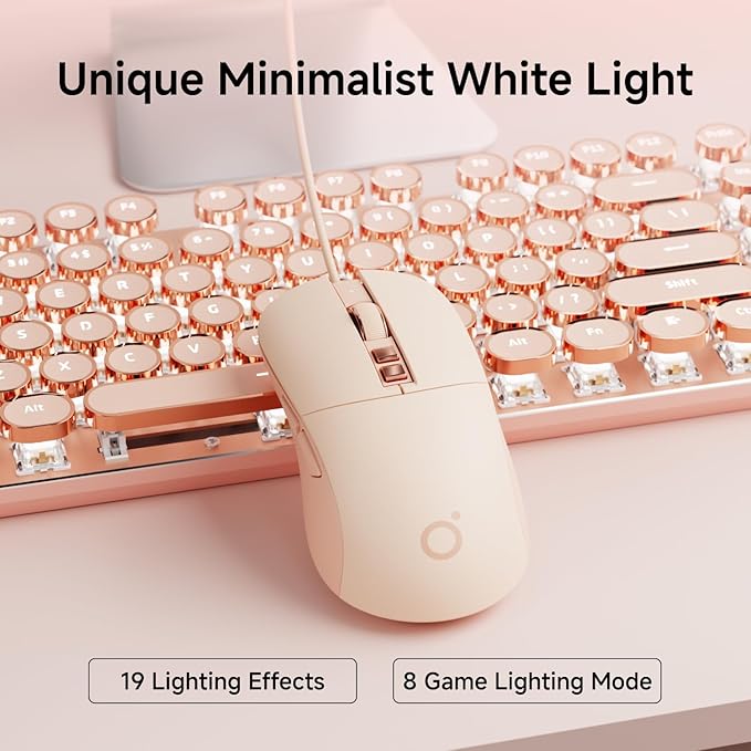 EWEADN Wired Typewriterkeyboard and Mouse Combo, Typewriter Style Mechanical Gaming Keyboard,104 Keys Backlit LED Keyboards, Media Control Knob, Wired Keyboard Pink Switch for Windows/Mac/PC-Pink