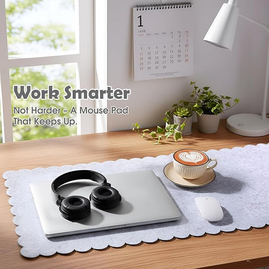 Large Felt Desk Mat with Scalloped Edges for Keyboard and Mouse 35 x 16.5 Inch Non Slip Scalloped Computer Desk Pad(Gray)